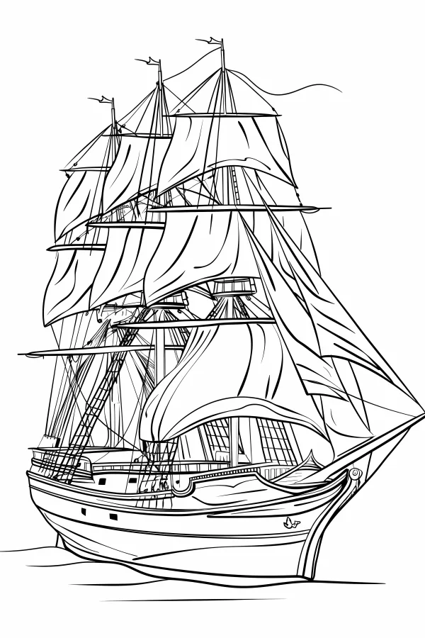 Detailed multi-masted sailing ship, realistic nautical style — free printable sailing coloring book page