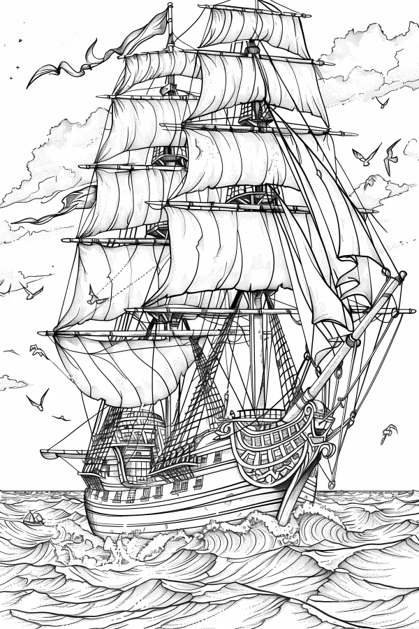 Vintage sailing ship, realistic style — free printable sailing coloring book page