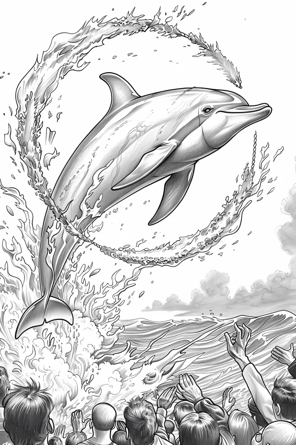 Leaping dolphin out of ocean waves, realistic style — free printable performance coloring book page