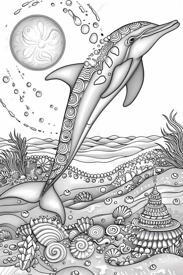 Zentangle style dolphin, underwater scene with various seashells and seaweeds — free printable creative art coloring book page
