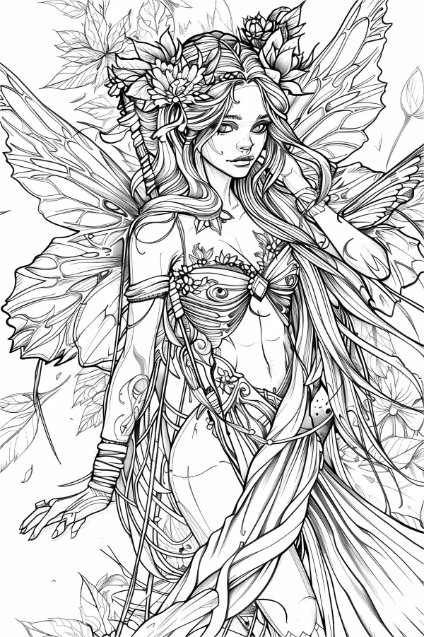 Forest flower fairy with butterfly wings, fantasy illustration style — free printable elves coloring book page