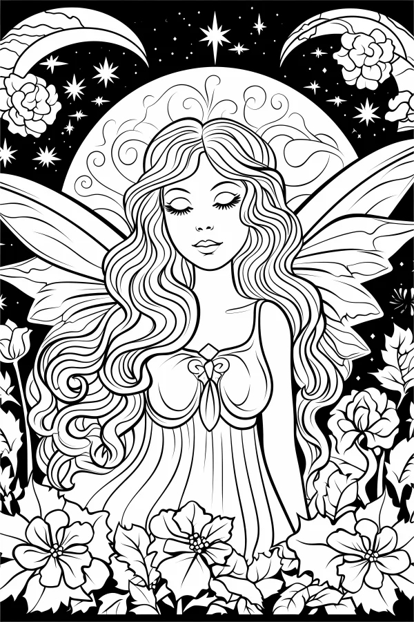 Closed-eyed fairy in flower bushes, cartoon fairy tale style — free printable elves coloring book page