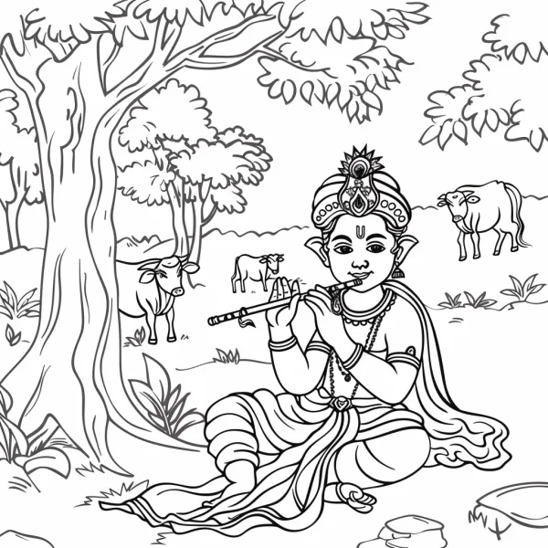 Krishna playing the flute, indian art style — free printable india coloring book page