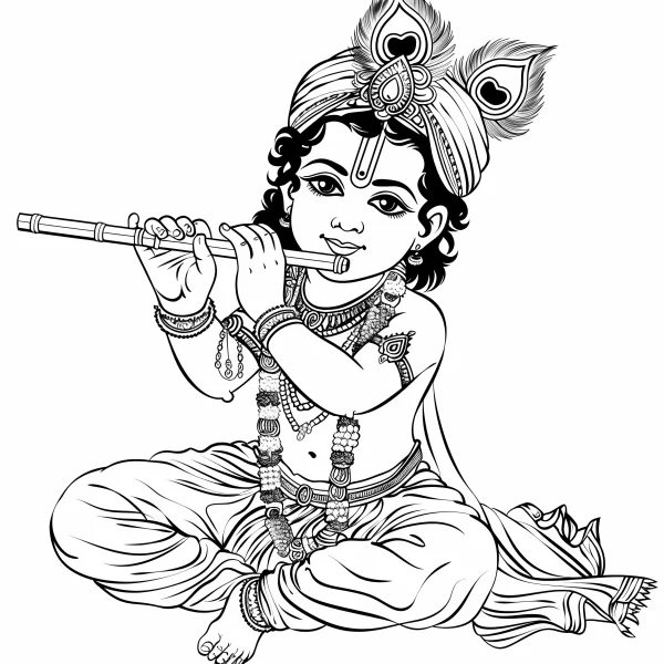 Baby krishna playing the flute, indian mythological style — free printable indian culture coloring book page