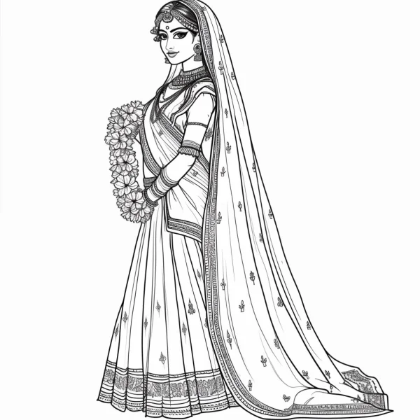Indian woman in traditional sari with veil, indian style — free printable india coloring book page