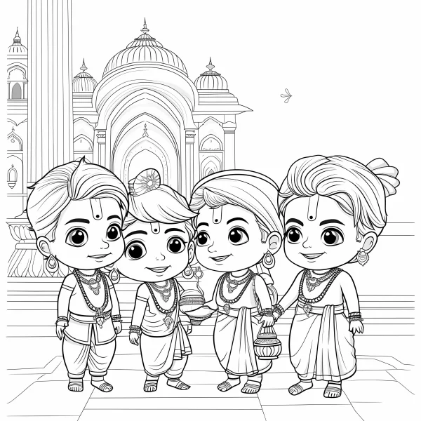 Group of cute indian cartoon children in traditional clothing, indian temple architecture in the background — free printable indian culture coloring book page
