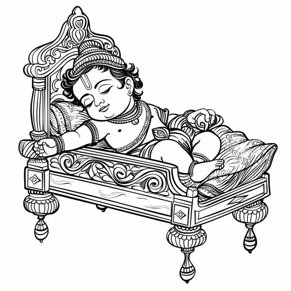 Baby krishna sleeping on ornately carved traditional indian bed, indian cultural style — free printable indian culture coloring book page