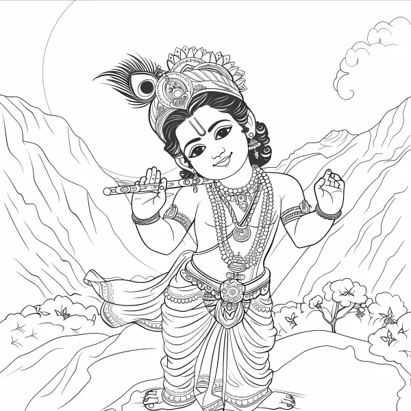 Little krishna playing flute, indian traditional style — free printable india coloring book page