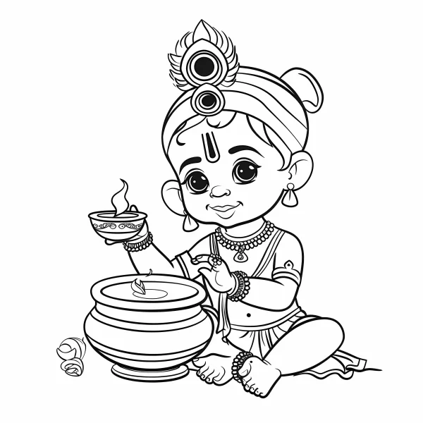Cute cartoon baby krishna, indian cultural style — free printable indian culture coloring book page