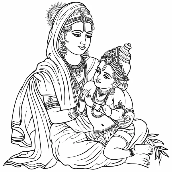 Indian mythological mother and child, indian cultural style — free printable parent-child coloring book page