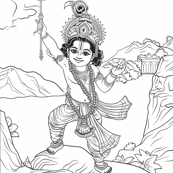 Indian mythological character krishna, indian cultural style — free printable india coloring book page