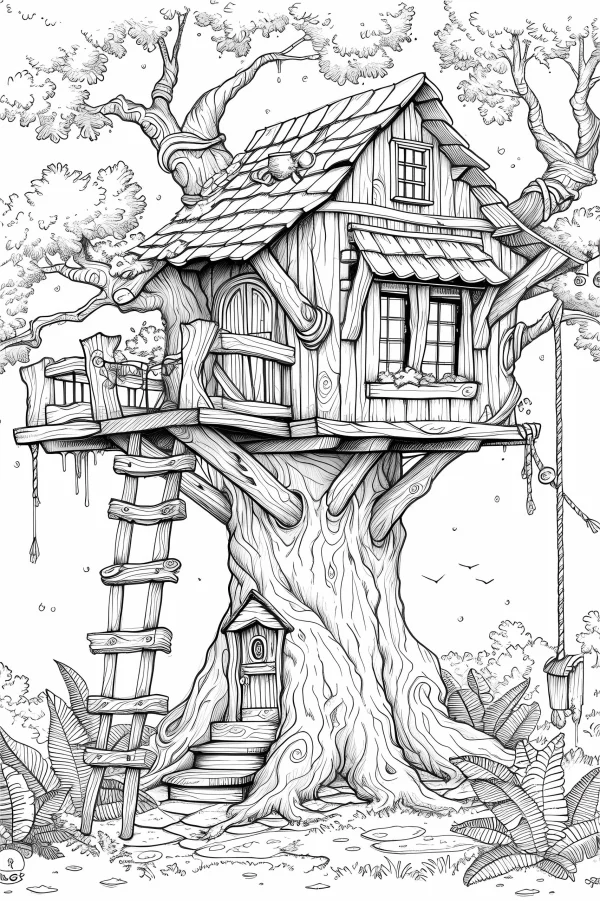 Cozy treehouse on a large old tree, fairy tale style — free printable outdoor living coloring book page