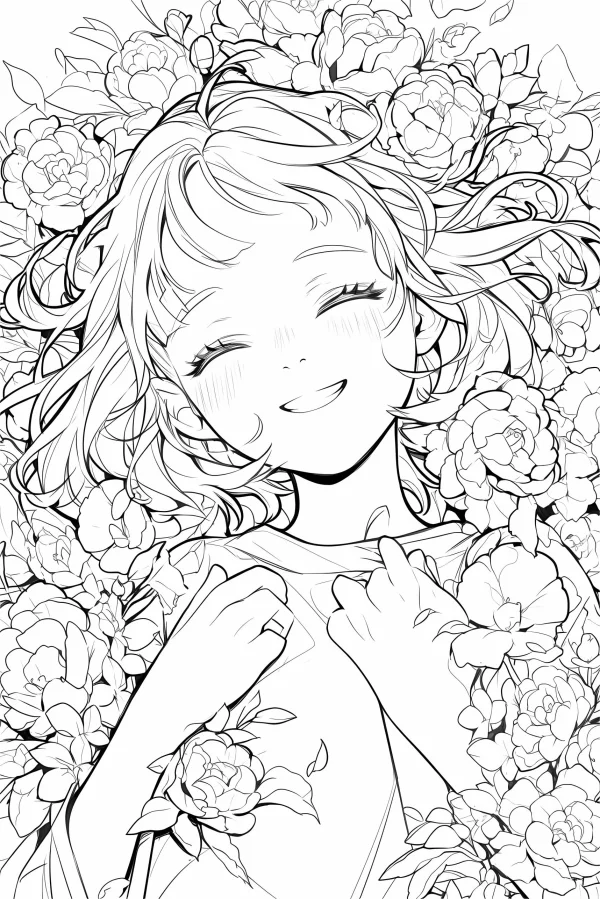 Smiling short-haired girl surrounded by peonies and flowers, anime style — free printable girl coloring book page