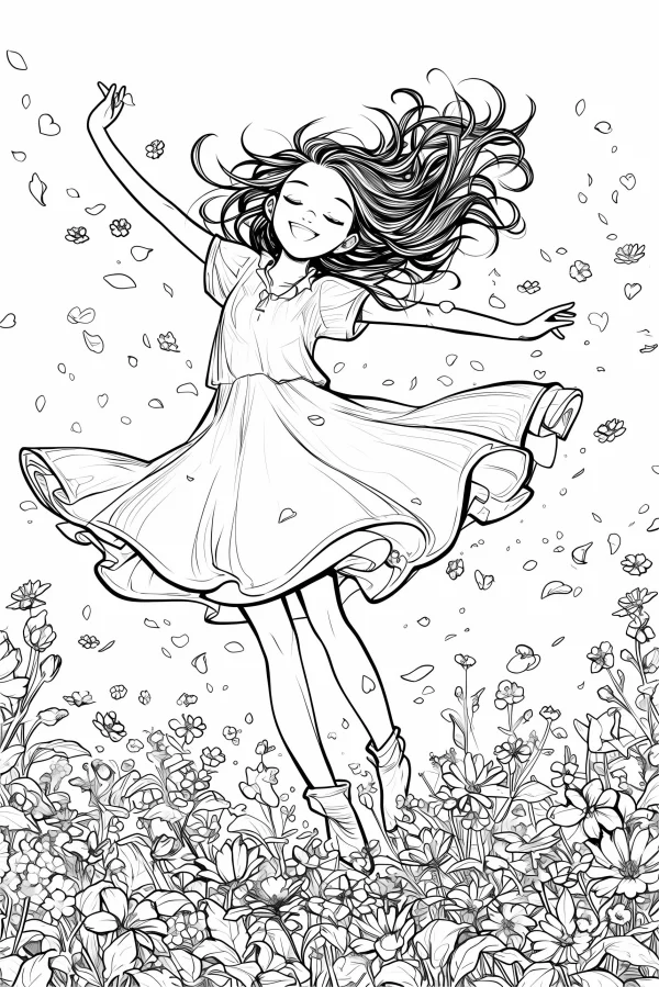 Girl dancing in flower field, cartoon style — free printable innocence coloring book page