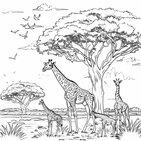 Group of giraffes on african savanna, realistic line art style — free printable grassland coloring book page