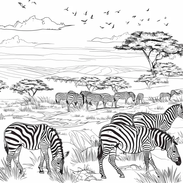 Herd of zebras on african savanna, realistic line art style — free printable grassland coloring book page