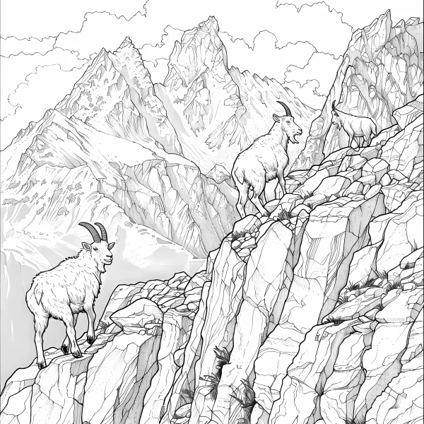 Mountain goats on rocky peaks, realistic sketch style — free printable mountains and rivers coloring book page