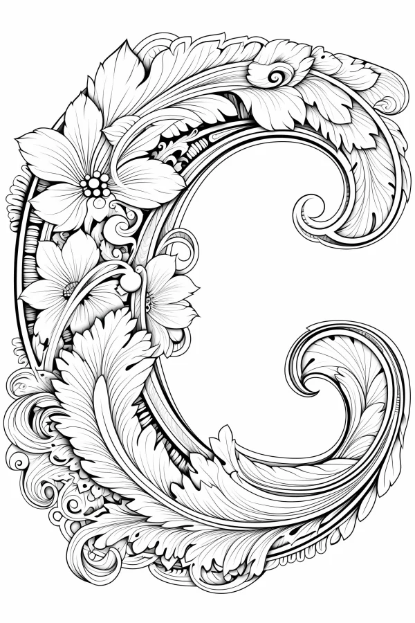 Ornate floral decorated letter c, art deco style — free printable letter creativity coloring book page