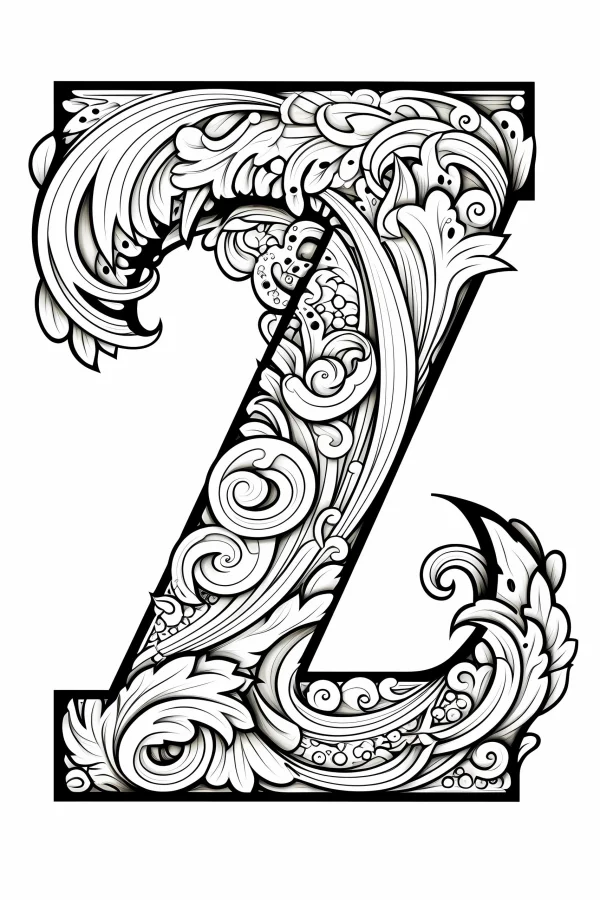 Ornate letter z in art nouveau style, adorned with intricate scrollwork — free printable art nouveau coloring book page