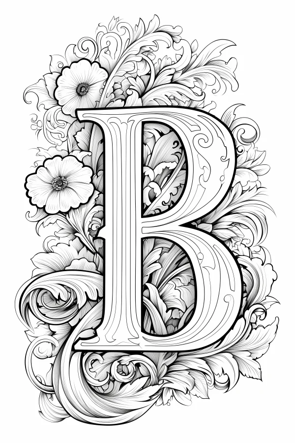 Coloring book page, decorative letter b surrounded by floral vines and scroll patterns — free printable letter design coloring book page