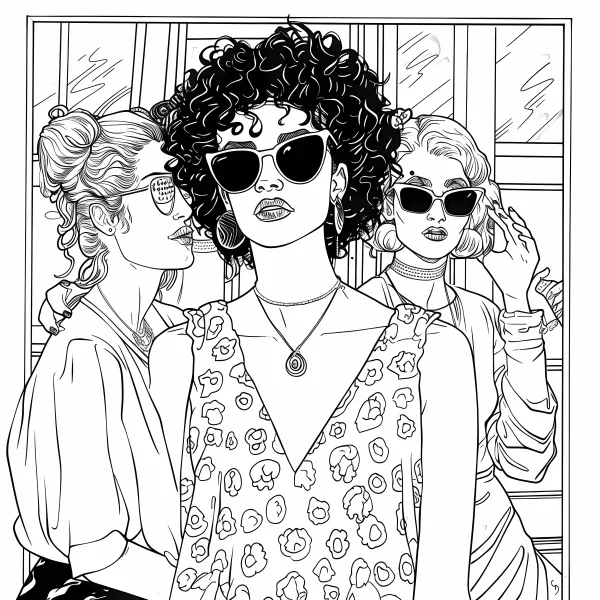 Vintage fashion female group wearing sunglasses, vintage cartoon style — free printable female coloring book page