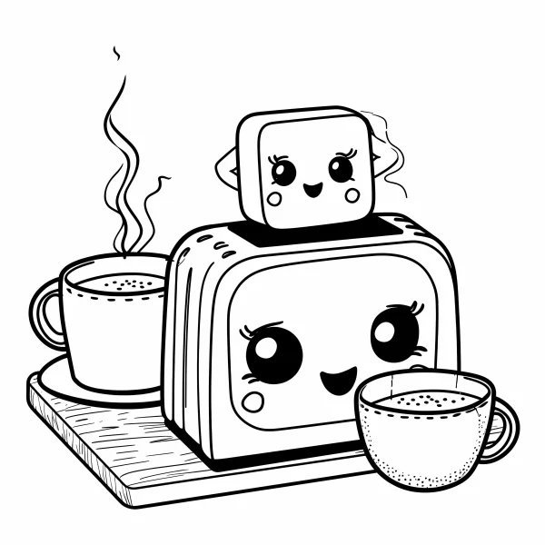 Cute anthropomorphic toaster with a piece of toast, paired with coffee mugs on a wooden tray — free printable cooking coloring book page