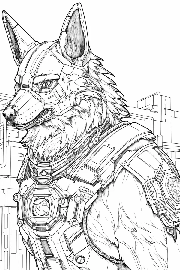 Cybernetic mechanical wolf, cyberpunk style — free printable cyberpunk coloring book page