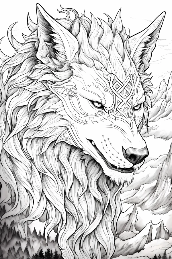 Wolf head with intricate celtic patterns, nordic style — free printable nordic coloring book page