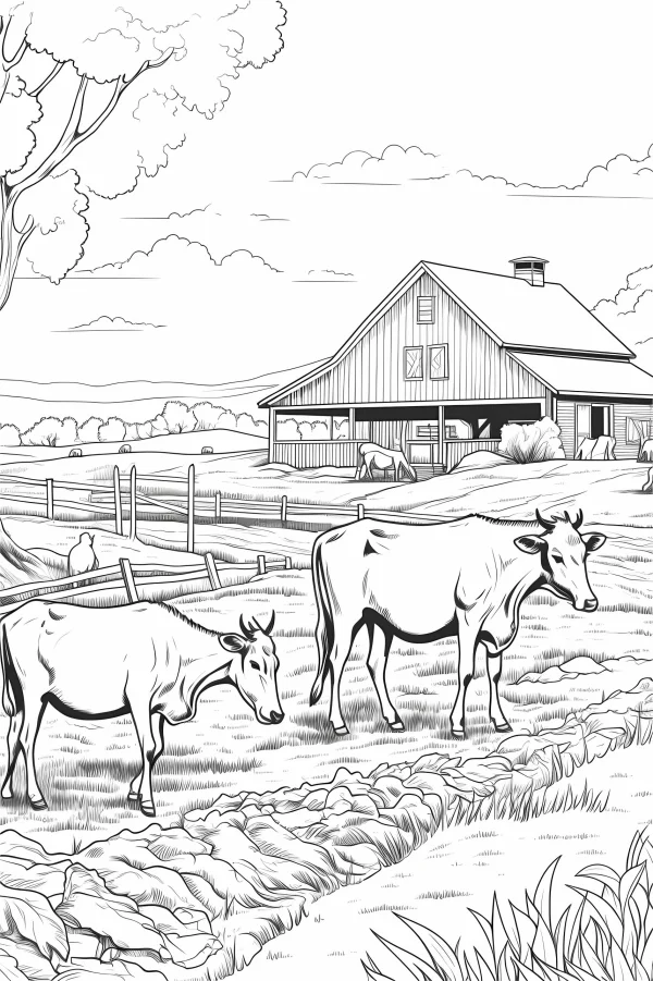 Cows on a rural farm, realistic line art style — free printable farm coloring book page