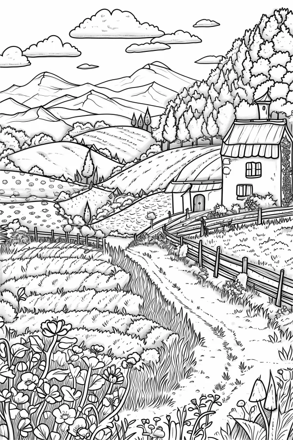 Rural pastoral landscape with a cottage, detailed natural scenery including fields — free printable countryside coloring book page