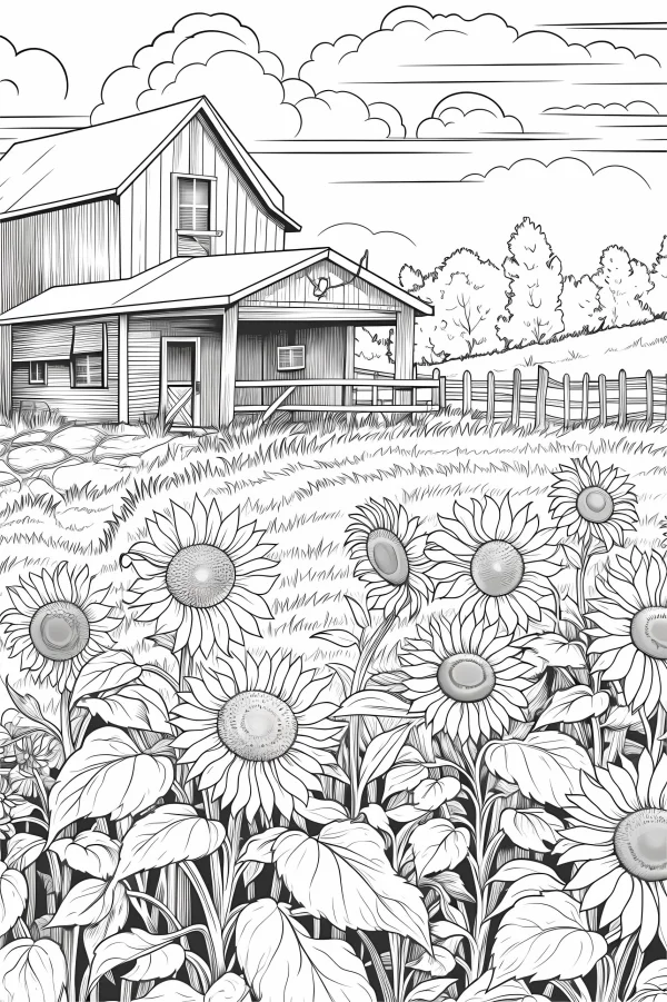Sunflowers and farm cottage, pastoral style — free printable farm coloring book page
