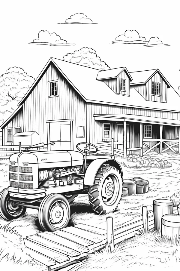 Farm house with vintage tractor, realistic illustration style — free printable farm coloring book page