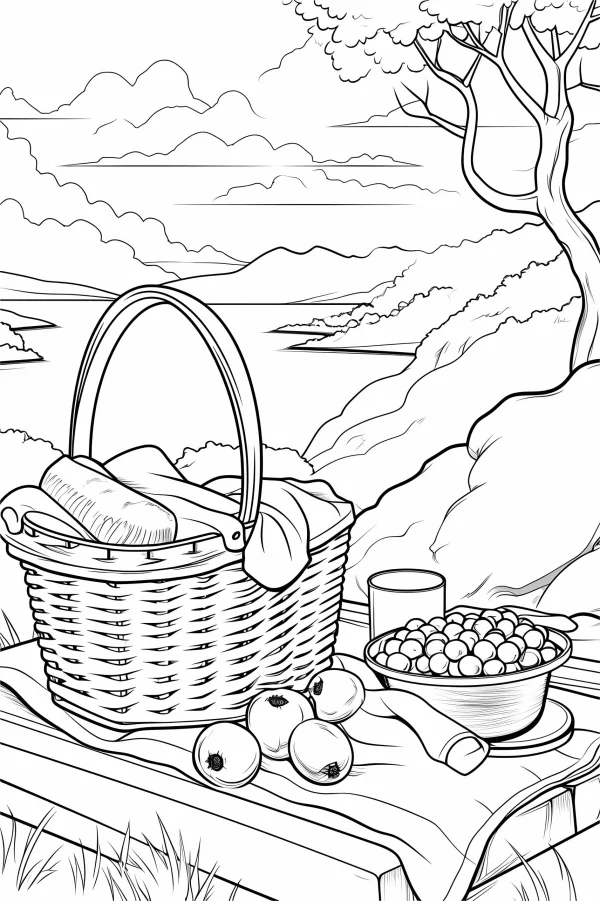 Outdoor picnic basket with fruits and berry bowl, lakeside picnic scene with trees and distant mountains — free printable picnic coloring book page