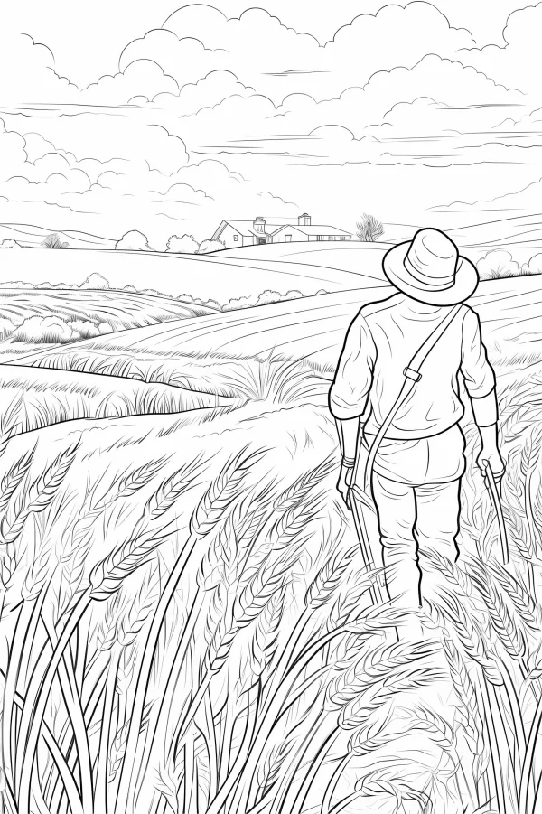 Back view of a farmer walking in wheat field, realistic sketch style — free printable rural life coloring book page
