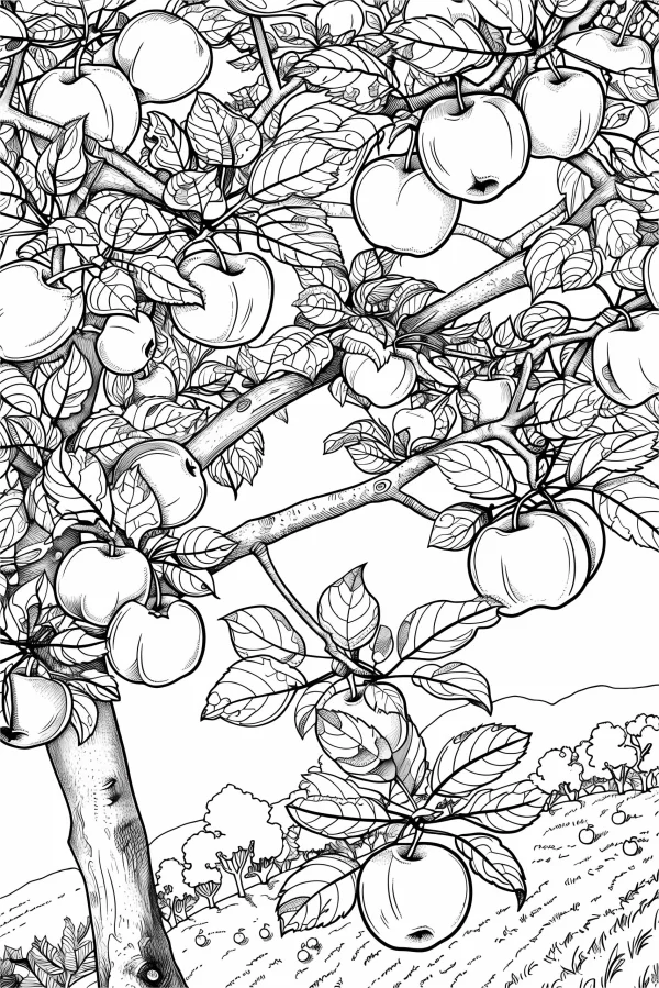 Apple tree heavy with apples, realistic sketch style — free printable harvest coloring book page