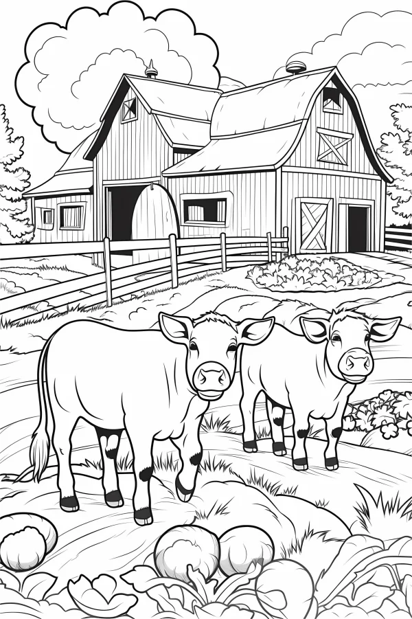 Two calves on a farm, cartoon style — free printable farm life coloring book page