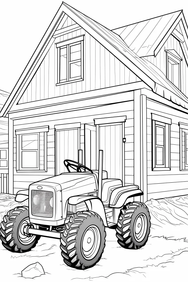 Farm house with tractor, realistic line art style — free printable farm life coloring book page