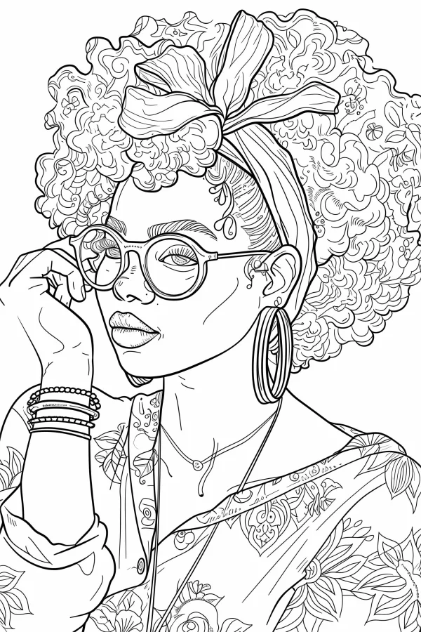 Fashionable afro girl with round glasses, realistic line art — free printable african culture coloring book page