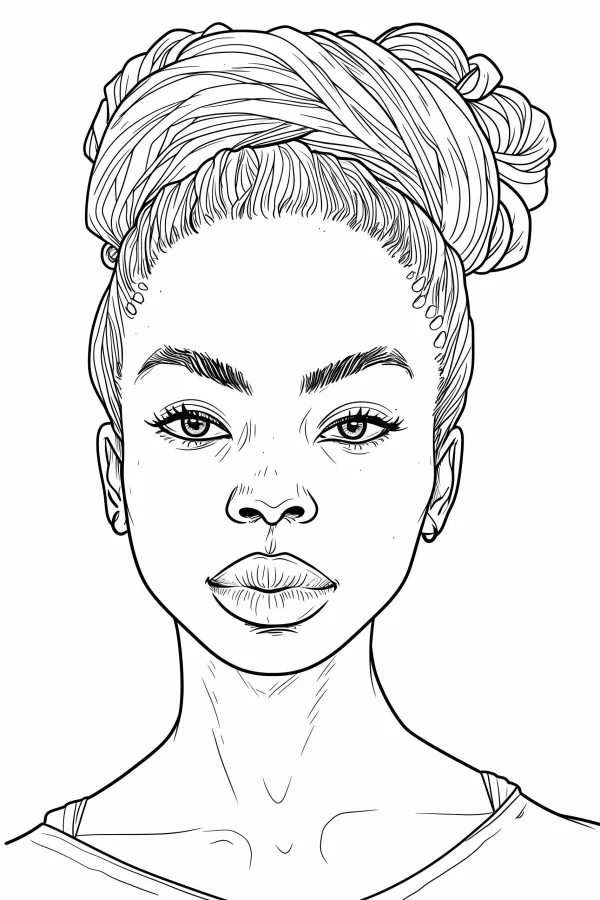 Realistic portrait of a black woman with a wrapped headscarf, realistic style — free printable portrait coloring book page