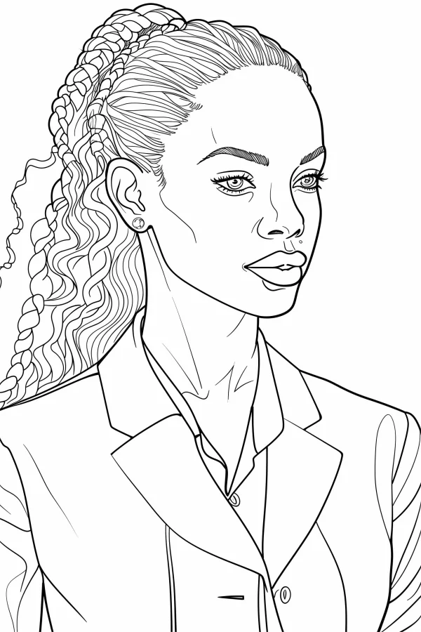 Portrait of a braided professional woman, realistic illustration style — free printable career theme coloring book page