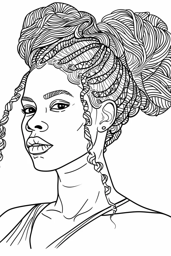 Braided african american girl portrait, realistic line art style — free printable african culture coloring book page