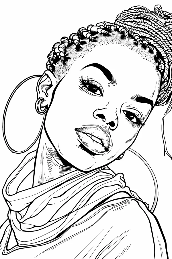 Portrait of an african girl with braided hair, large hoop earrings and scarf — free printable africa coloring book page