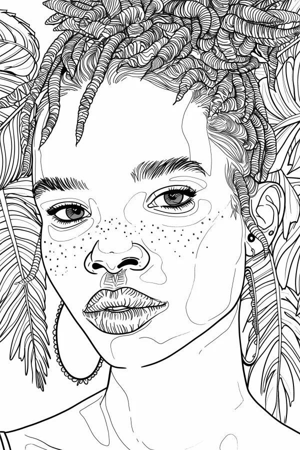 Black woman with dreadlocks and freckles, realistic sketch style — free printable african culture coloring book page