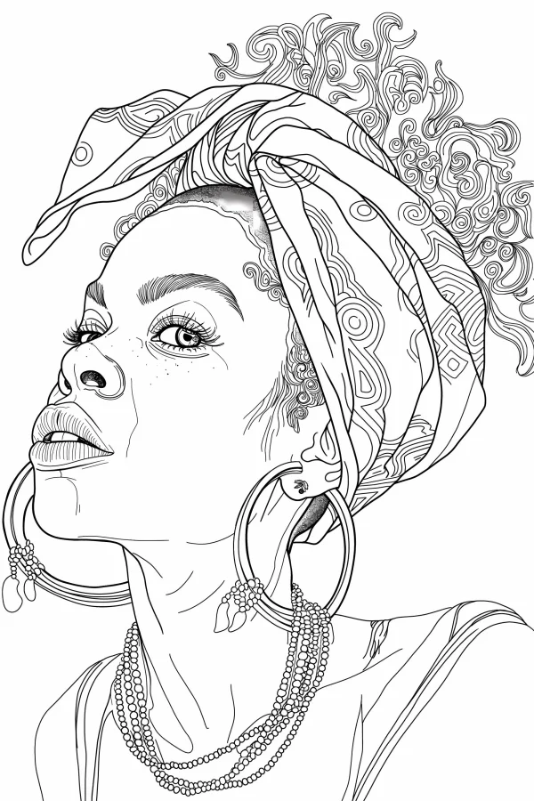 Coloring book page, african-style woman with decorative headwrap — free printable african culture coloring book page