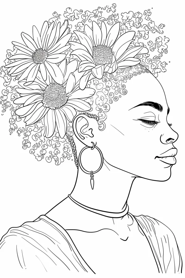Side profile of african descent woman with daisies in curly hair, fine smooth organic lines — free printable african culture coloring book page