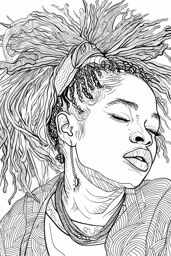 African woman with dreadlocks, african tribal and decorative art style — free printable africa coloring book page