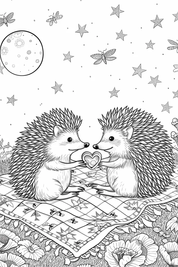 Two hedgehogs holding a heart-shaped object, cartoon style — free printable picnic coloring book page