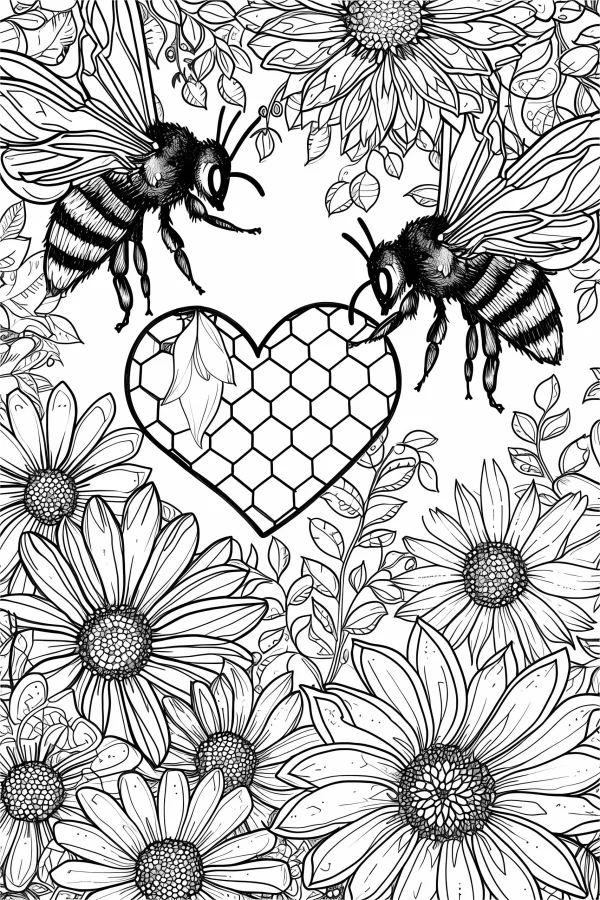 Bees with honeycomb heart and daisy flowers, floral natural theme — free printable romance coloring book page