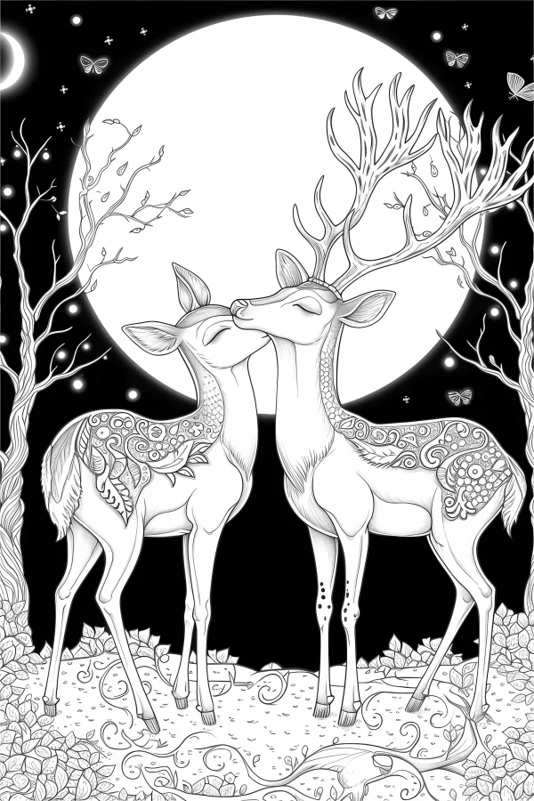 Two affectionate deer with intricate decorative mandala patterns, decorative art style — free printable romance coloring book page