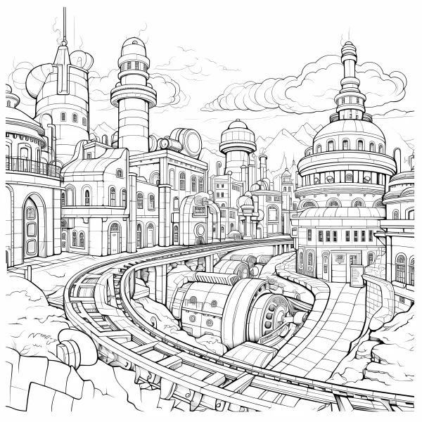 Steampunk fantasy city, steampunk style — free printable steampunk coloring book page
